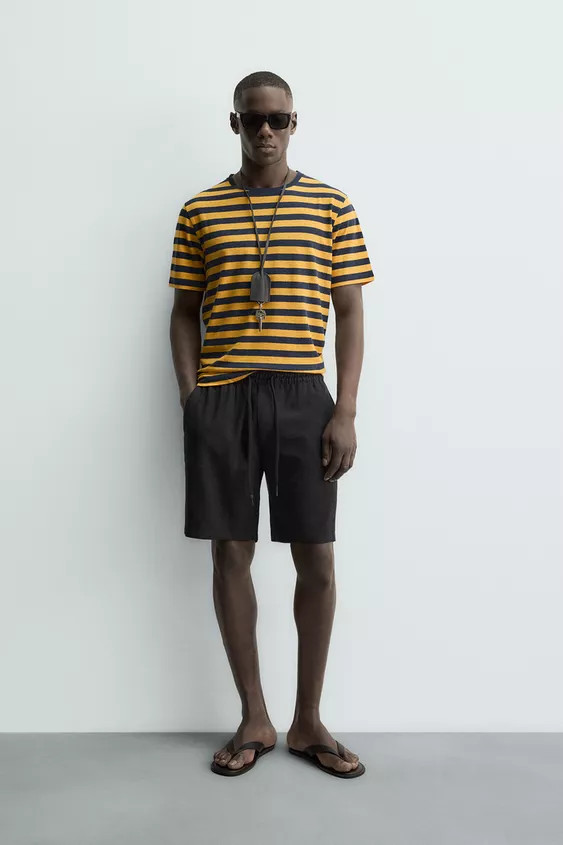 STRIPED LINEN COTTON BLEND T-SHIRT | Zara US