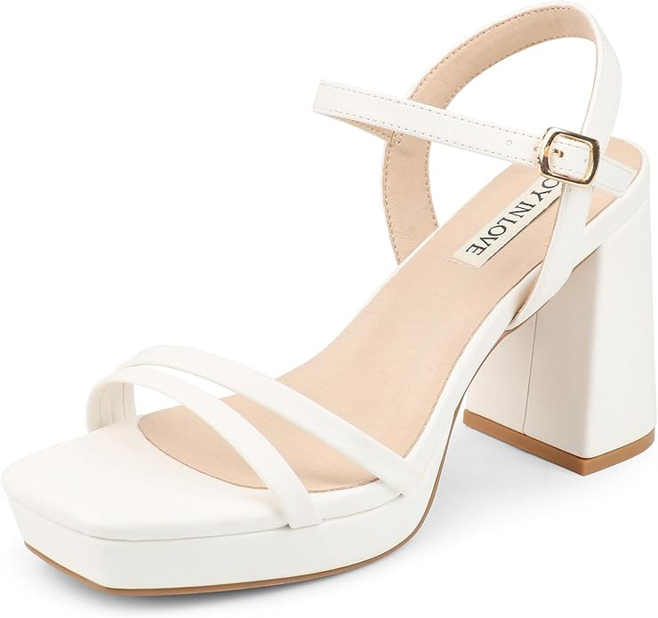 JOY IN LOVE Platform Heels for Women 3.5 Inch Chunky Block Heel Ankle Strap Sandals | Amazon (US)