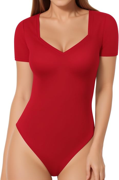 MANGOPOP Women's Sweetheart V Neck Short Long Sleeve Bodysuit Going Out Top | Amazon (US)