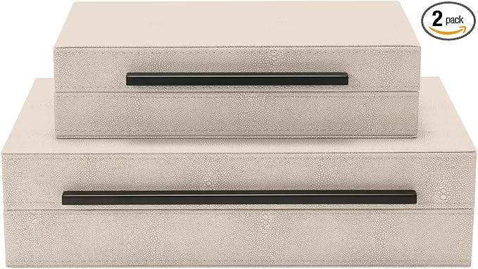 Sagala Set of 2 Ivory Shagreen Decorative Boxes With Black Metal Handles, Faux Leather Jewelry Bo... | Amazon (US)