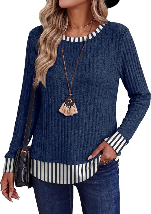 WIHOLL Womens Long Sleeve Shirts Fall Outfits Color Block Fashion Clothing Lightweight Tunic Tops... | Amazon (US)