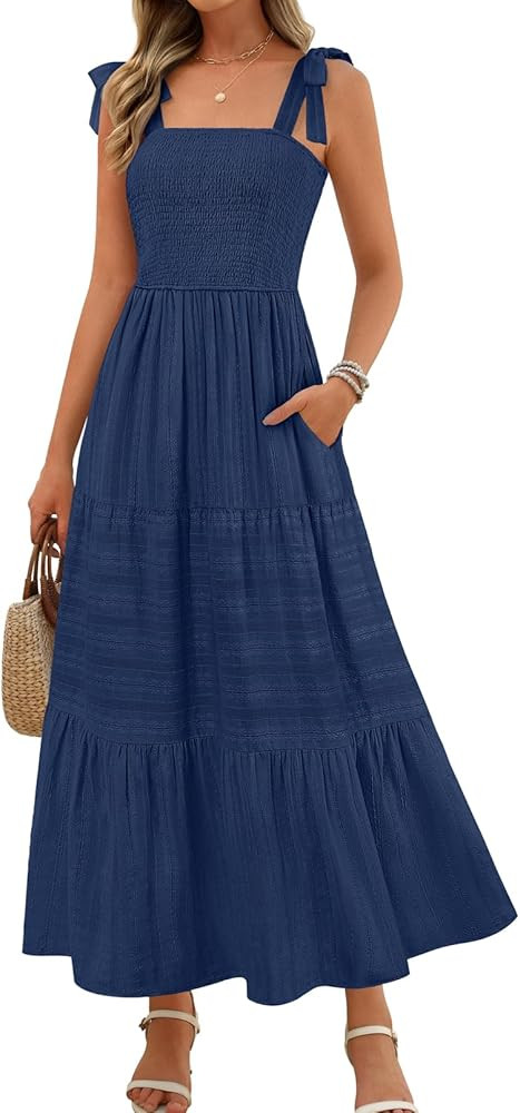 MEROKEETY Women's Summer Boho Maxi Dress Beach Vacation Casual Smocked A Line Sundress with Pocke... | Amazon (US)