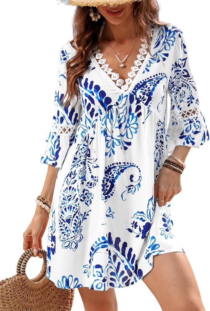 CUPSHE Women V Neck Lace Trim Mini Summer Dress Cover Up 3/4 Sleeve Ruffled Cuff Casual Sundress Beach Dresses Cover Ups | Amazon (US)