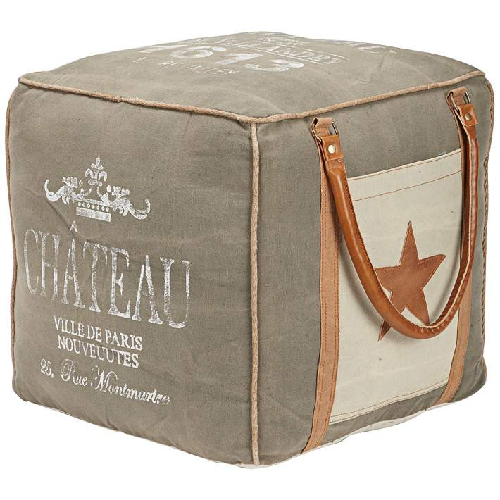 Rue Verdi Green Canvas French Chateau Square Pouf Ottoman | Lamps Plus