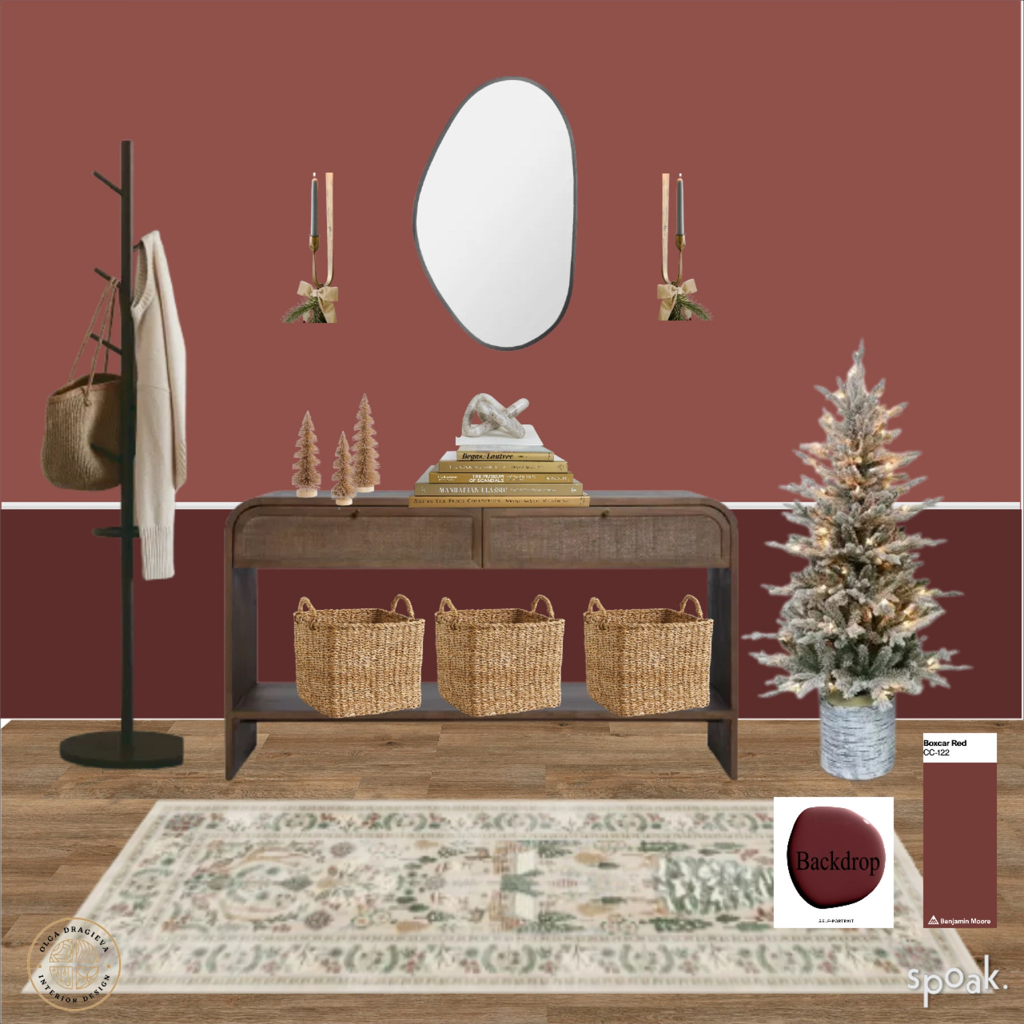 Gorgeous colorful entryway, Christmas entryway, mood board, entryway design, console table, Magnolia sconces, studio McGee mirror, Christmas rug, Christmas tree, storage baskets, paint color 

#LTKHoliday #LTKHome #LTKSeasonal