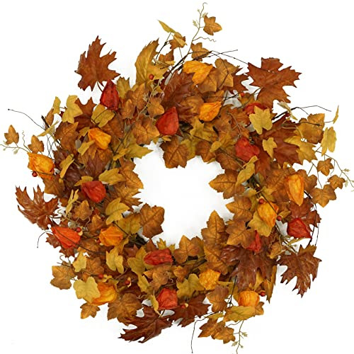 22 inch Artificial Fall Wreath Maple Leaf Wreath with Cape Gooseberry for Front Door Indoor Outdoor Farmhouse Home Wall Window Festival Wedding Decor | Amazon (US)