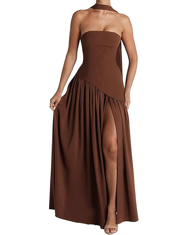 Women's Elegant Strapless Long Dress with Scarf Cocktail Wedding Guest Prom Maxi Dresses with Sli... | Amazon (US)