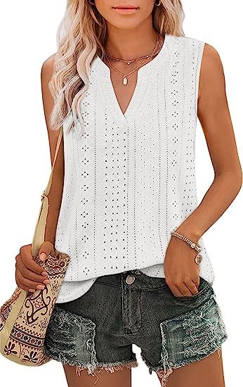 Zwurew Tank Top for Women Loose Fit Sleeveless V Neck Tops Dressy Casual Eyelet Summer Flowy Cami... | Amazon (US)