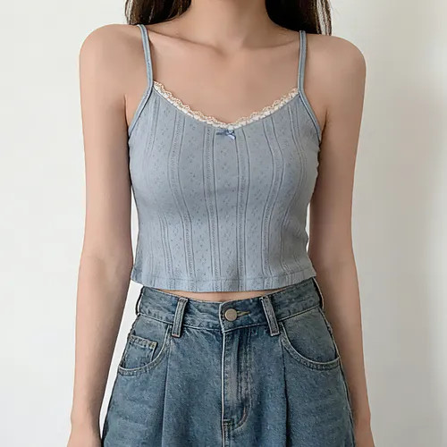 Bloombloom - Lace-Trim Bow-Accent Ribbed Cropped Camisole | YesStyle Global