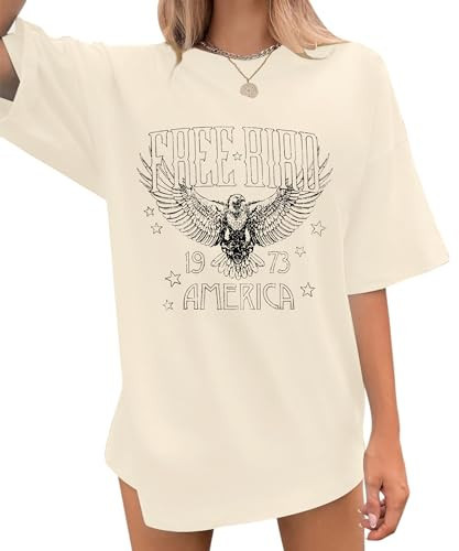 Woman Retro Bird Oversized Shirt Vintage Rock Band T-Shirt Eagle Music Graphic Tees Casual Short Sleeve Tops Apricot | Amazon (US)