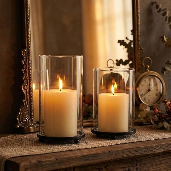 Hurricane Candle Holders Set of 2 - Pillar Candle Stands with Glass Sleeves for Fireplace Mantel ... | Amazon (US)