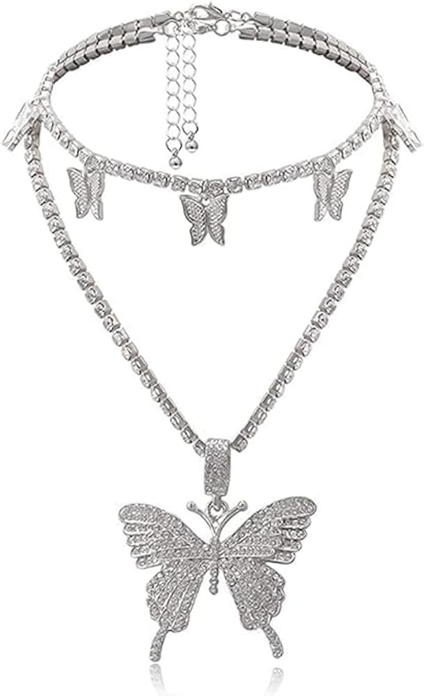 Butterfly Choker Necklace Gorgeous 2 Layered Crystal Pendant Necklaces Sparkly Butterfly Chain Je... | Amazon (US)