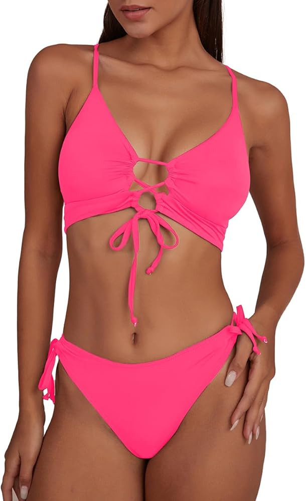 CHYRII Womens Sexy Cutout Bikini Sets Lace Up High Cut Thong Two Piece Swimsuit | Amazon (US)