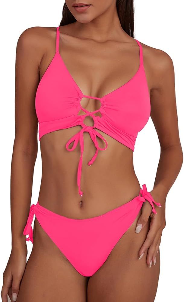 CHYRII Womens Sexy Cutout Bikini Sets Lace Up High Cut Thong Two Piece Swimsuit | Amazon (US)