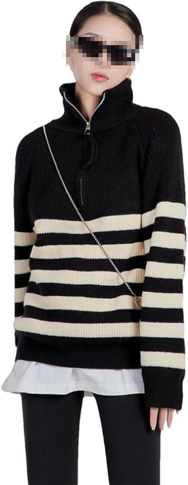 Women's Stripe Sweater Loose Turn-Down Collar Casual Zipper Pullover Knit | Amazon (US)
