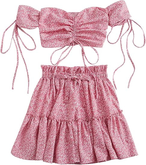 Floerns Women's Two Piece Outfit Floral Off Shoulder Drawstring Crop Top and Skirt Set | Amazon (US)