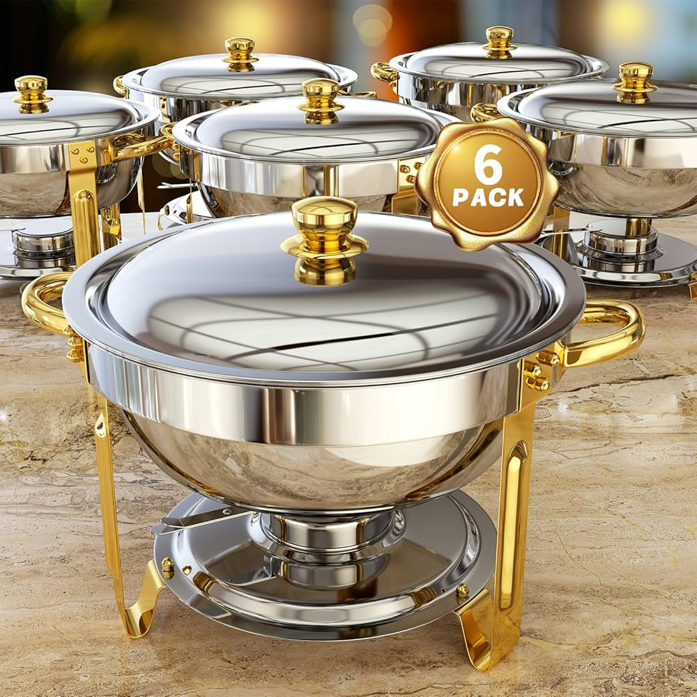 Chafing Dishes for Buffet 6 Pack, 5QT Round Chafing Dish Buffet Set [Elegant Gold and Silver Colo... | Amazon (US)