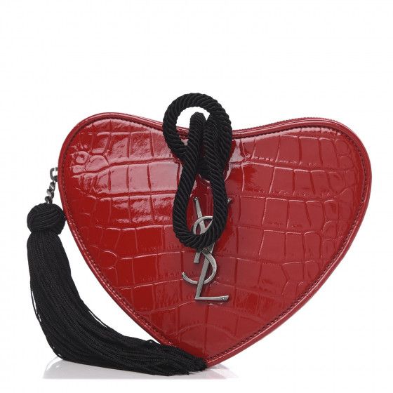 SAINT LAURENT Croc Embossed Patent Sac Coeur Heart Shaped Clutch Red | Fashionphile