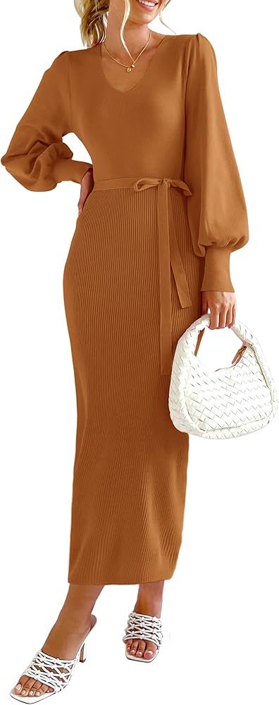 PRETTYGARDEN Women's 2023 Fall Knit Pullover Sweater Elegant Long Lantern Sleeve V Neck Maxi Dres... | Amazon (US)