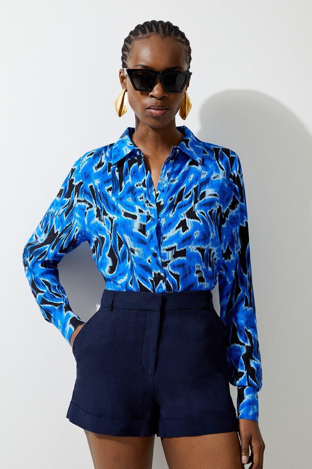 Blue Leaf Printed Woven Viscose Button Up Shirt | Karen Millen US