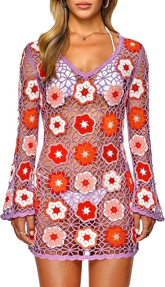 FAIRY SEASON Women's Crochet Beach Cover Up Dress Boho Bell Sleeve 3D Camellia Embroidery for Vac... | Amazon (US)