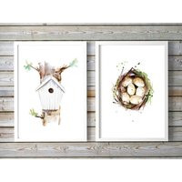 Bird Nest Watercolor Painting - Birdhouse Art Prints Bird Eggs Art Spring Decor Nature Nestling | Etsy (US)