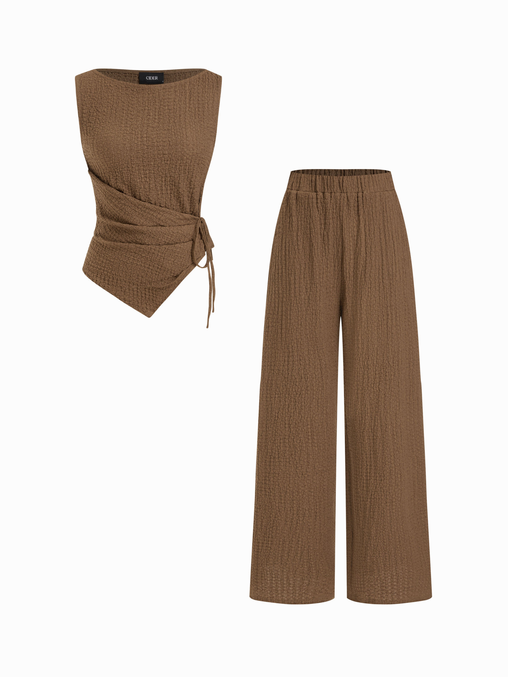 Knit Fabric Texture Boat Neck Asymmetrical Hem Top & Mid Rise Straight Leg Trousers Set For Daily... | Cider