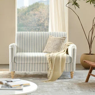Adika 51"W Farmhouse Striped Linen Upholstered Loveseat with Solid Wood Spindle Legs by HULALA HO... | Bed Bath & Beyond