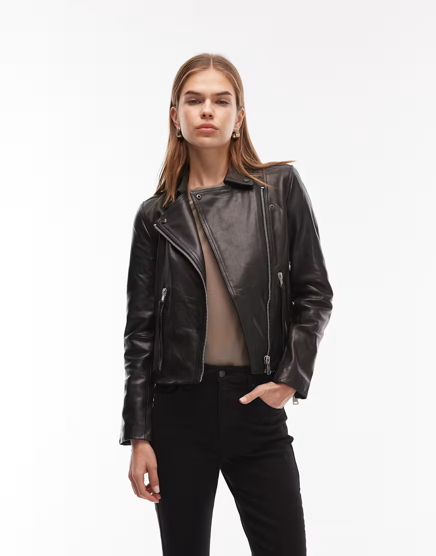 AllSaints Dalby leather moto jacket in black/silver-Multi | ASOS (Global)