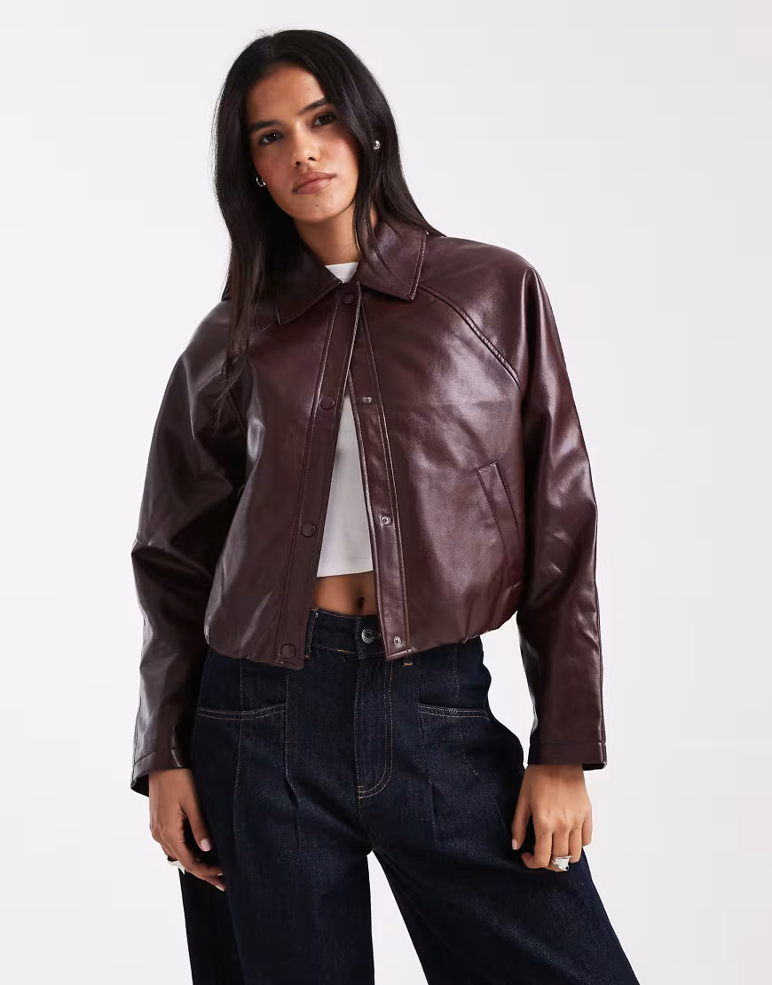 New Look bubble hem faux leather jacket in burgundy-Red | ASOS (Global)