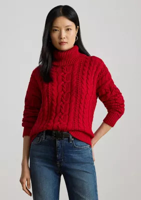 Lauren Ralph Lauren Women's Cable-Knit Turtleneck Sweater, Red, Large | Belk