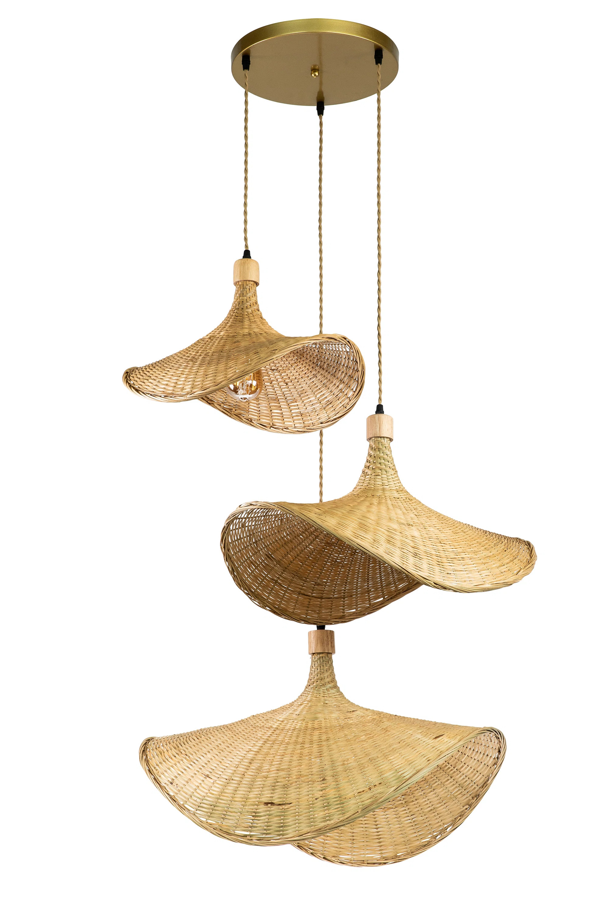 3- Lights Tan Rattan Hat Shape Pendant Light Large Natural Handmade Shade Cluster Hanging Light M... | Wayfair North America