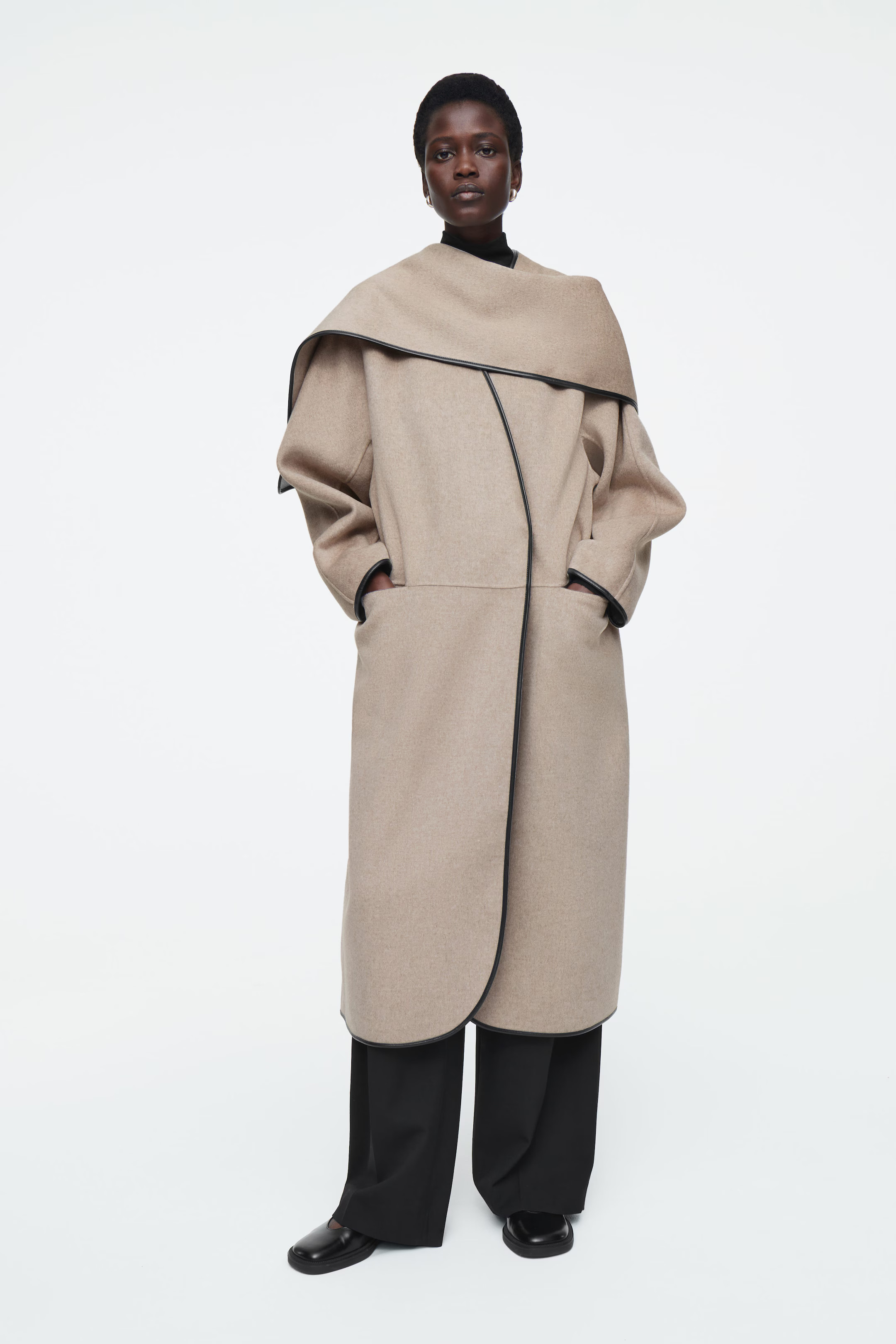 LEATHER-TRIMMED WOOL SCARF COAT - BEIGE | COS (EU)