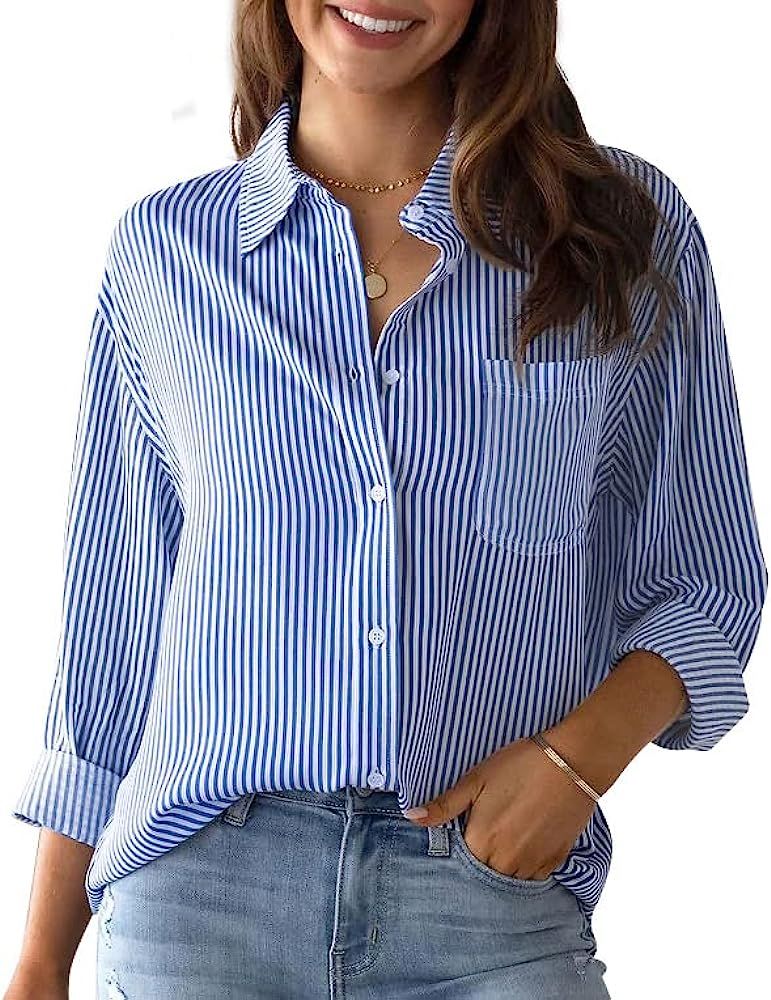 IBAOTORONI Women's Striped Button Down Shirts: Long Sleeve Office Casual Business Blouses with Po... | Amazon (US)
