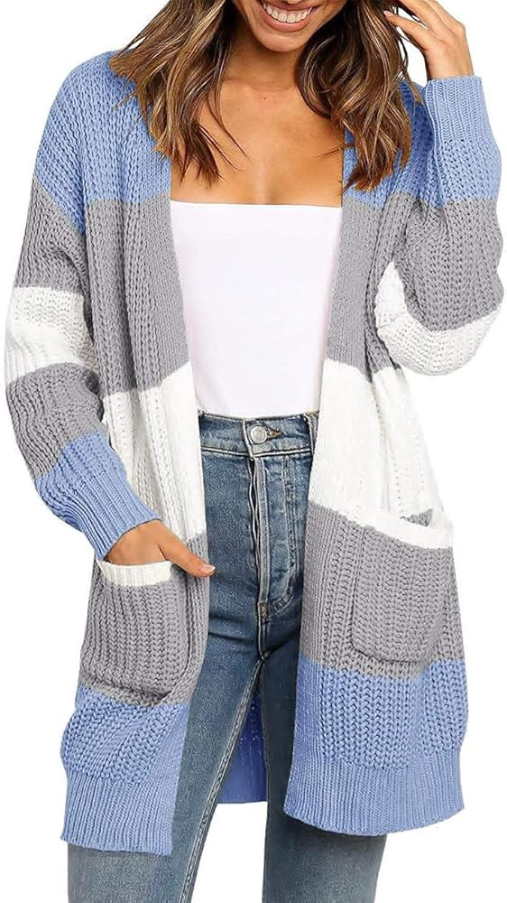MEROKEETY Womens Long Sleeve Waffle Knit Cardigan Open Front Side Slit Sweater with Pockets Army ... | Amazon (US)