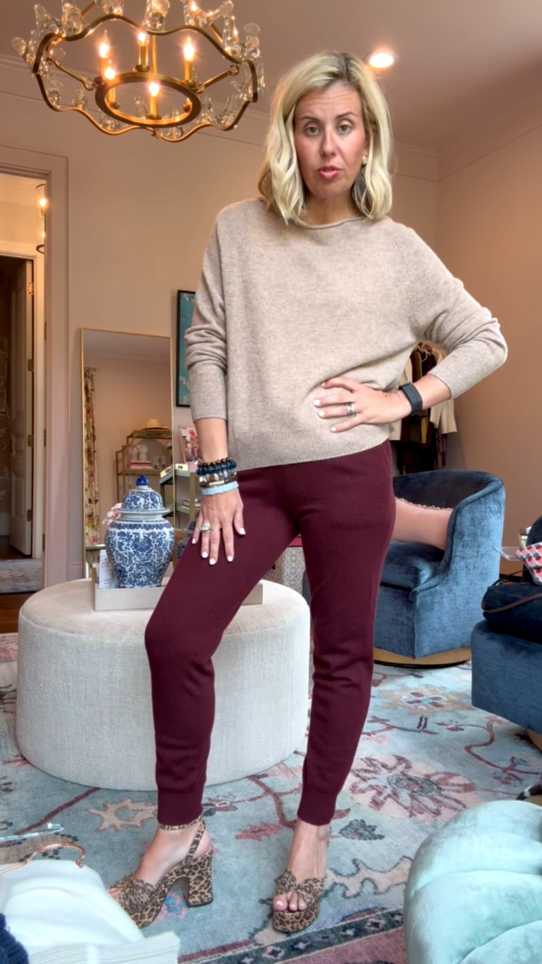 Of course we dress up joggers!! Add a heel and jewels and go! 
Sizing:
Sweaters - xs
Jeans - 26 short 
Joggers - xs
Silk Tank - small
Pleated Skirt - xs