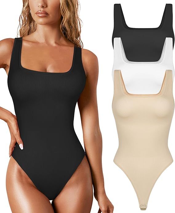 TDIFFUN Womens Shapewear Bodysuit Tummy Control Thong Body Shaper Seamless Ribbed Square Neck Jum... | Amazon (US)