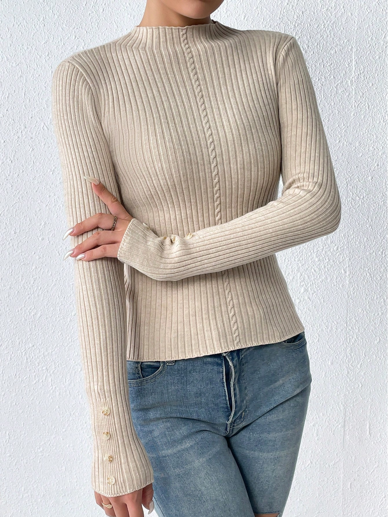 SHEIN Essnce Funnel Neck Button Detail Ribbed Knit Sweater | SHEIN