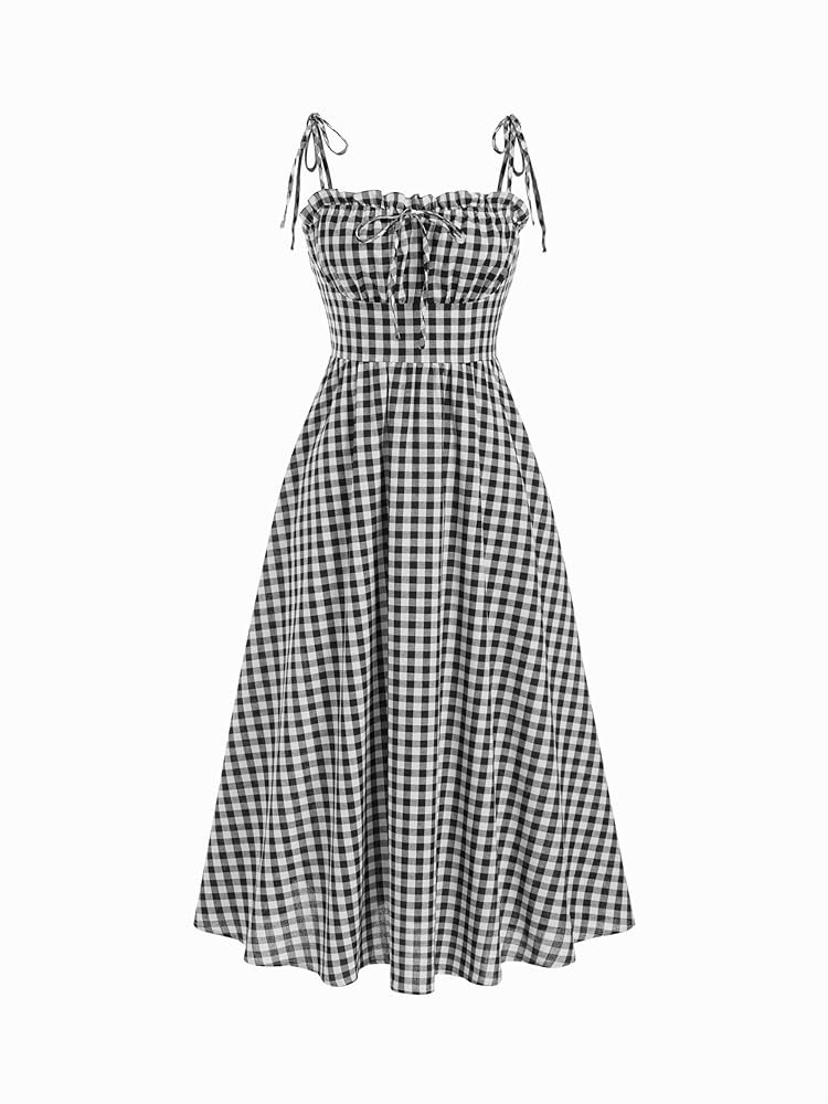 CIDER Women's Gingham Maxi Dresses Bow Tie Square Neck Plaid Milkmaid Dress with Pockets Summer L... | Amazon (US)