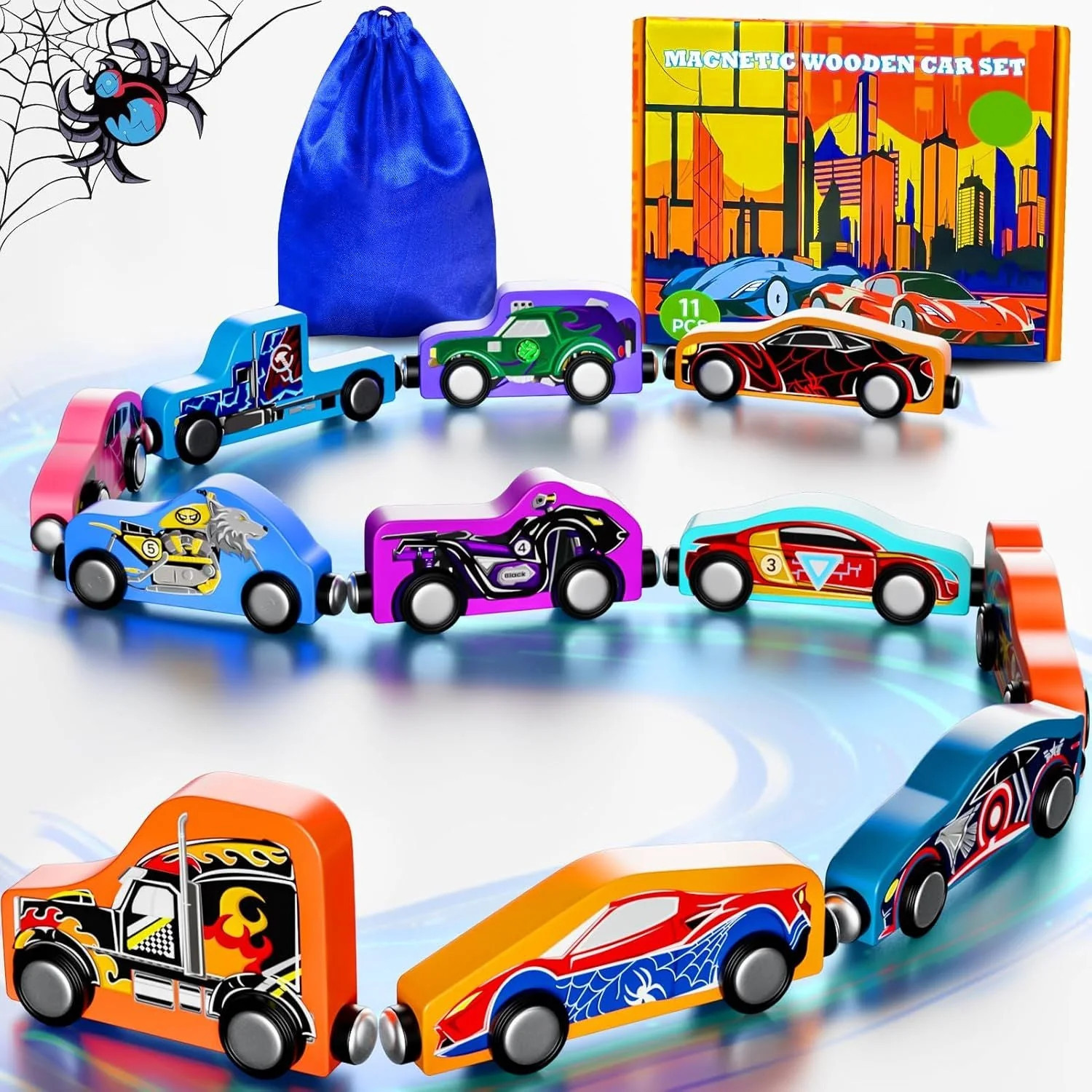 Toys for Boys Kids: 11 Magnetic Train Car Set, Spider-Toys for Boys, Travel Montessori Wooden Toy for Toddlers, Birthday Superhero Gifts for Kids | Shop Simon