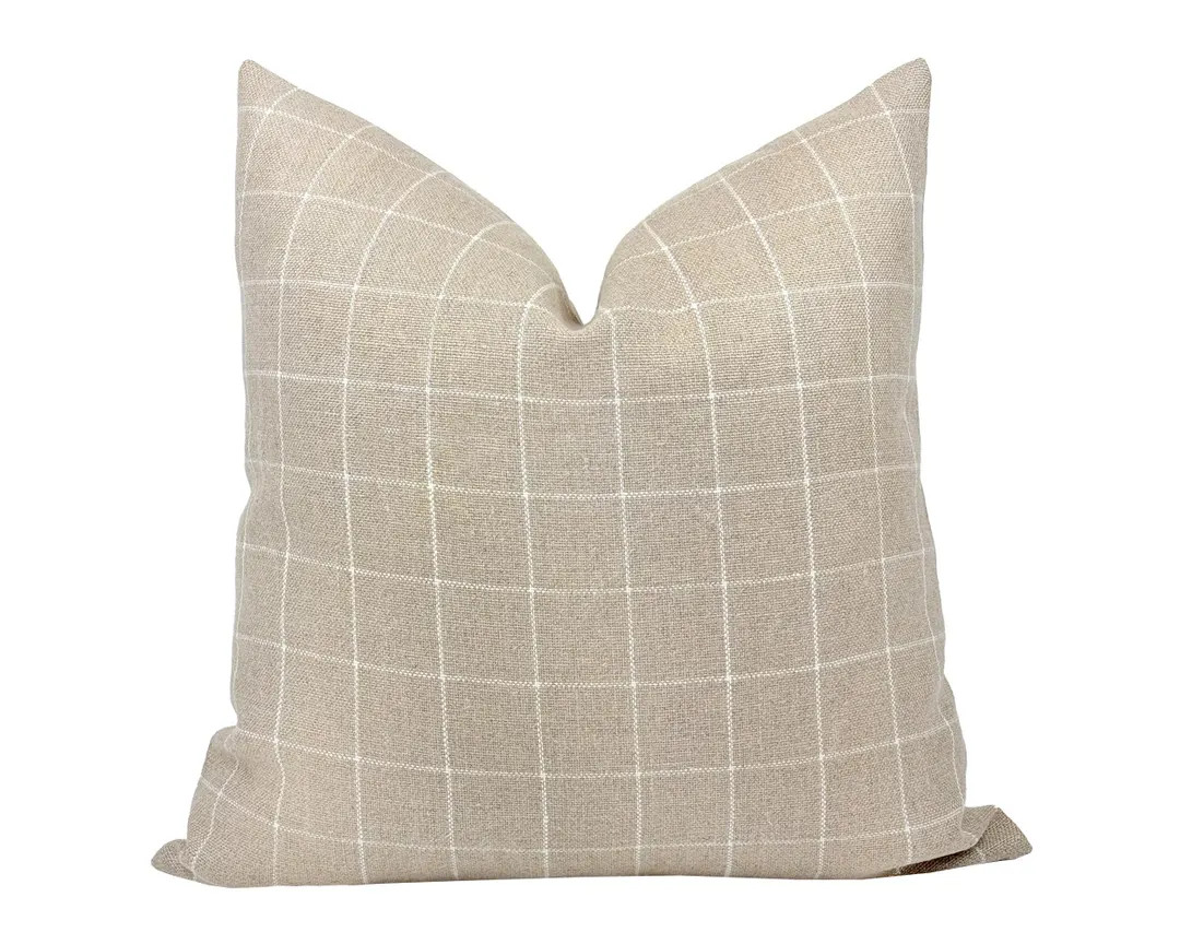 OAK | Beige Check Linen Pillow Cover, Neutral Pillow, Farmhouse Pillow, Taupe Plaid Pillow, Beige... | Etsy (US)