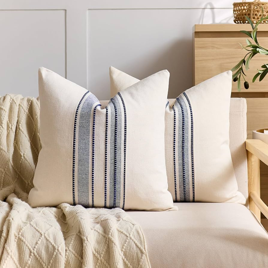 KINDREX Striped Linen Textured Throw Pillow Covers 18x18 Inch Set of 2,Boho Decorative Cushion Co... | Amazon (US)