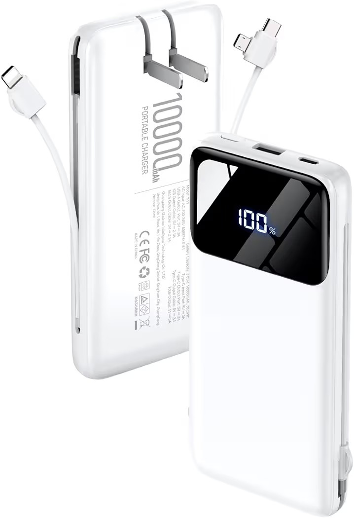 Portable Charger Power Bank with Built-in Cables and Wall Plug, 10000mAh Slim USB-C Battery Pack,... | Amazon (US)