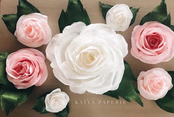 Wall paper flower decor. Nursery wall decor. Blush pink and white crepe paper roses. Alice in Won... | Etsy (US)