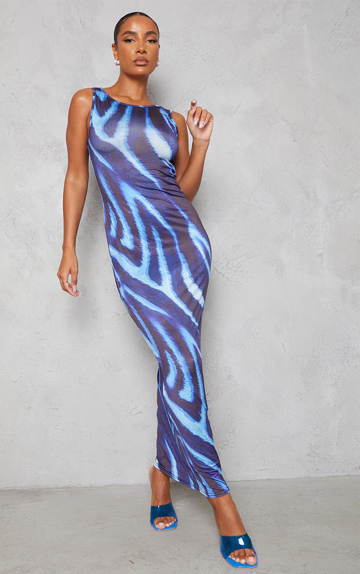 Blue Animal Print Slinky Sleeveless Maxi Dress | PrettyLittleThing US