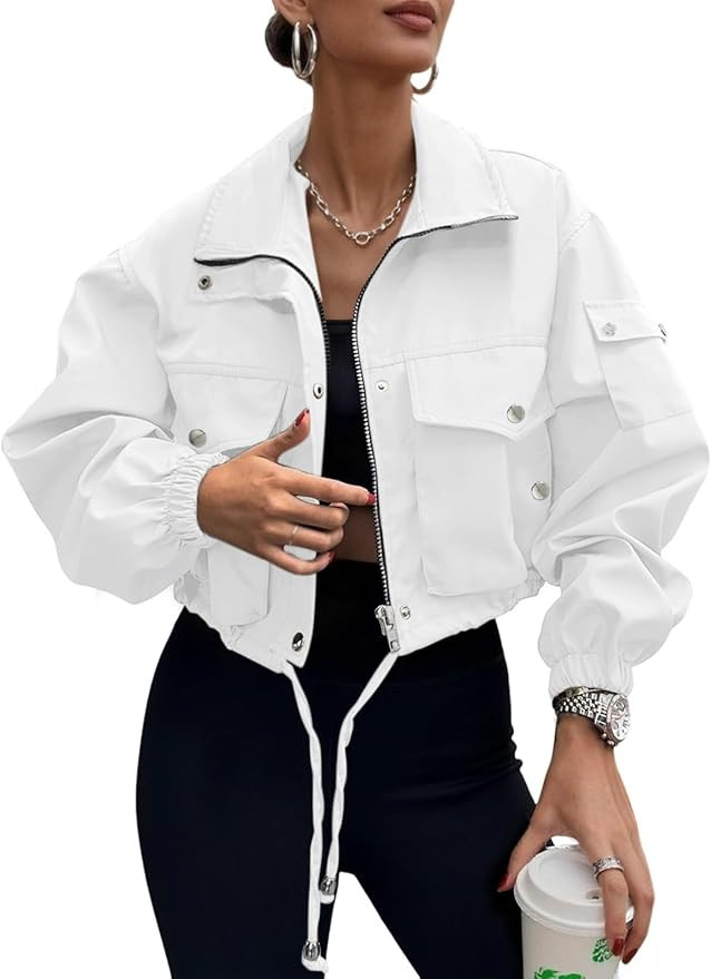 Womens Cropped Bomber Jacket 2026 Trendy Zip Up Lightweight Utility Anorak Coat With Pockets | Amazon (US)