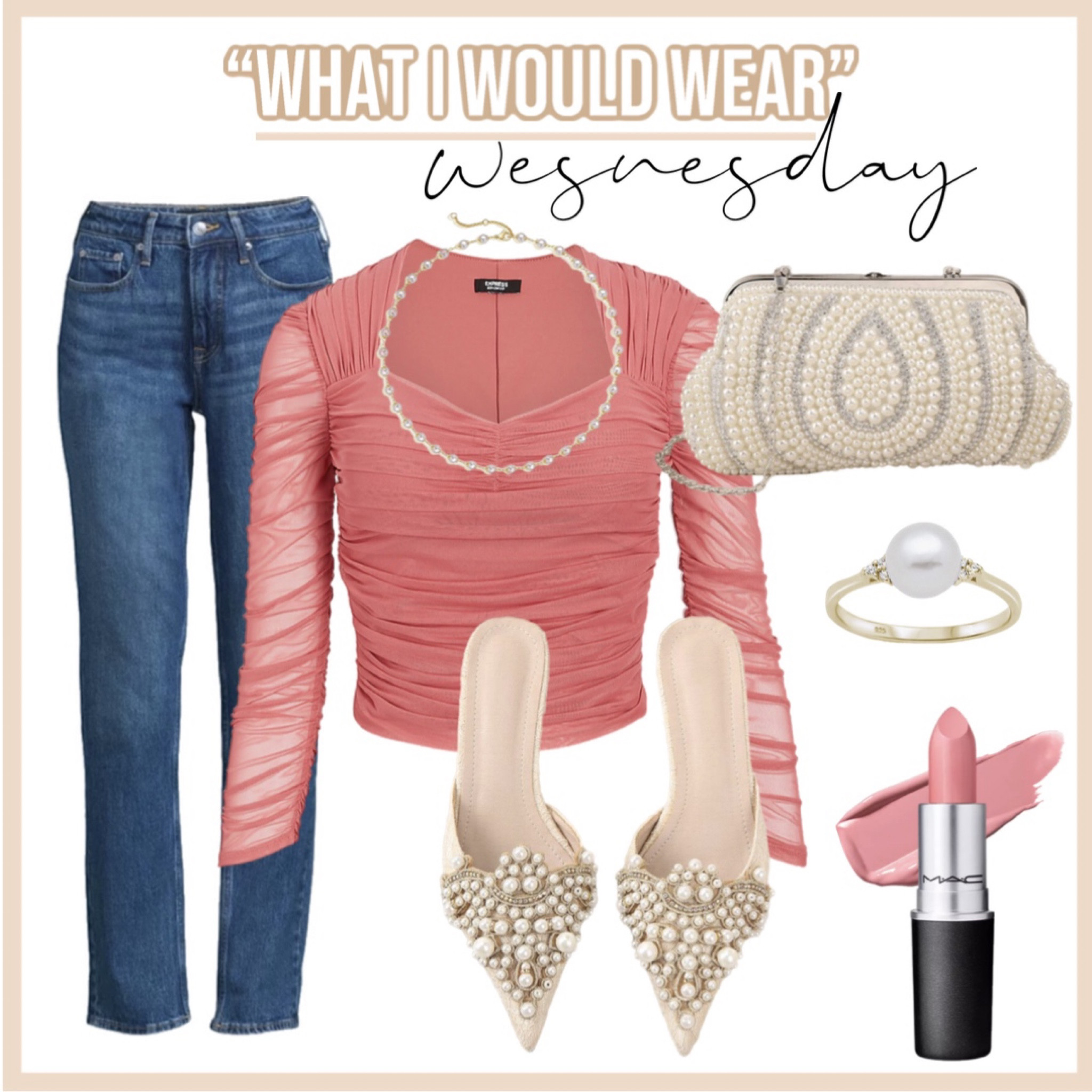 Walmart jeans - ruched top - spring top - date night - express too - pearl detail - pearl embellishment - pearl shoes - pearl clutch purse - SHEIN shoes - SHEIN bag 

#LTKshoecrush #LTKFind #LTKunder50