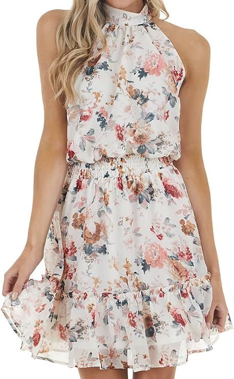 Berryou Summer Dress for Women Sleeveless Floral Print Halter Neck Mini Smocked Waist Dresses 202... | Amazon (US)