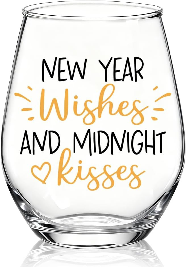 XQLZY New Year Wishes And Midnight Kisses Stemless Wine Glass, Funny Holiday Party Wine Glass Gif... | Amazon (US)