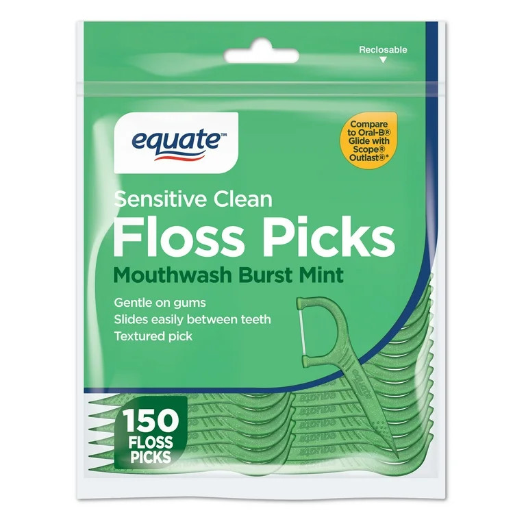 Equate Sensitive Clean Flossers, Mouthwash Burst Mint, Soft Tape Floss,  150 Count | Walmart (US)